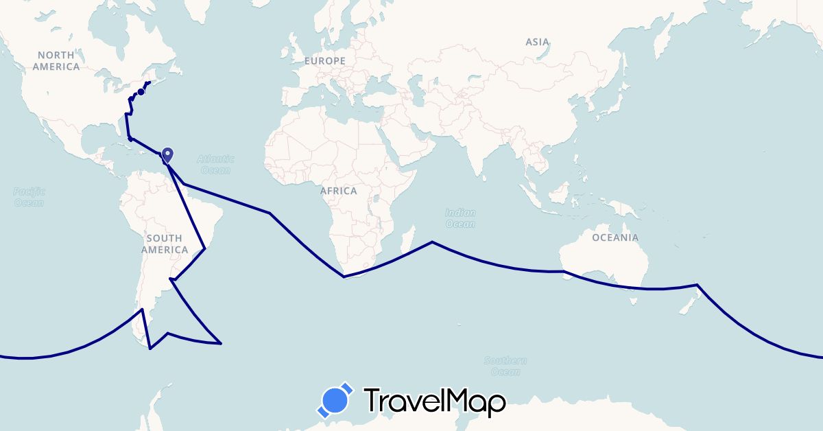 TravelMap itinerary: driving in Antigua and Barbuda, Argentina, Australia, Barbados, Brazil, Bahamas, Chile, Dominica, Falkland Islands, France, South Georgia and the South Sandwich Islands, Madagascar, Mauritius, New Zealand, Saint Helena, United States, Uruguay, South Africa (Africa, Antarctica, Europe, North America, Oceania, South America)